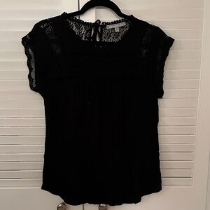 Daniel Rainn Black Lace Cap Sleeve Blouse with Tie Neck